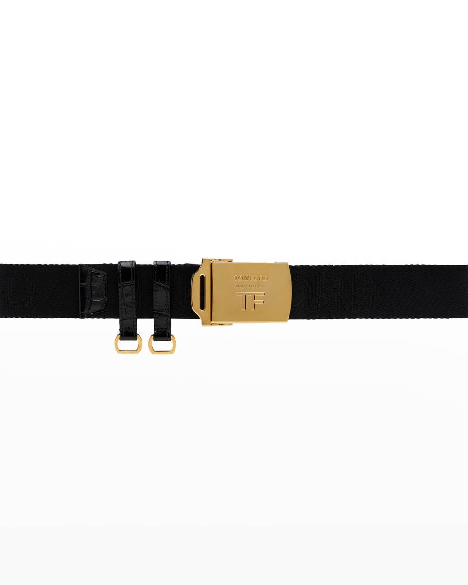 Logo Web Belt w/ Croc-Embossed Trim